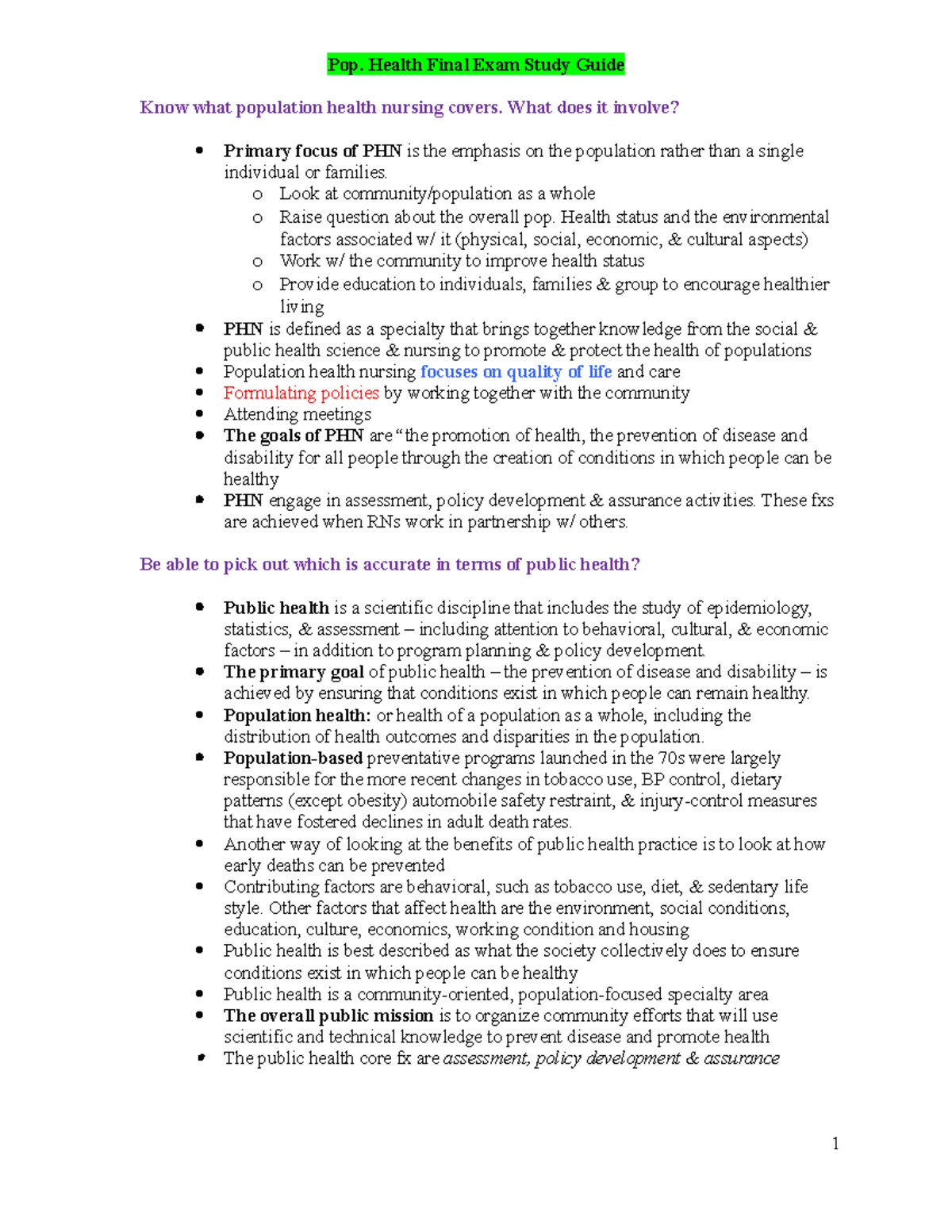 Final Exam Study Guide for Pop Health (PHN 301) - Studocu