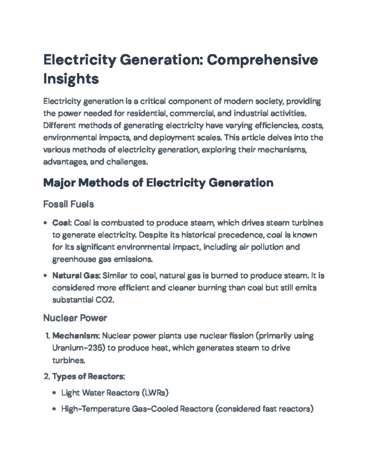 Electricity Generation Methods: Insights and Challenges (Course Code ...