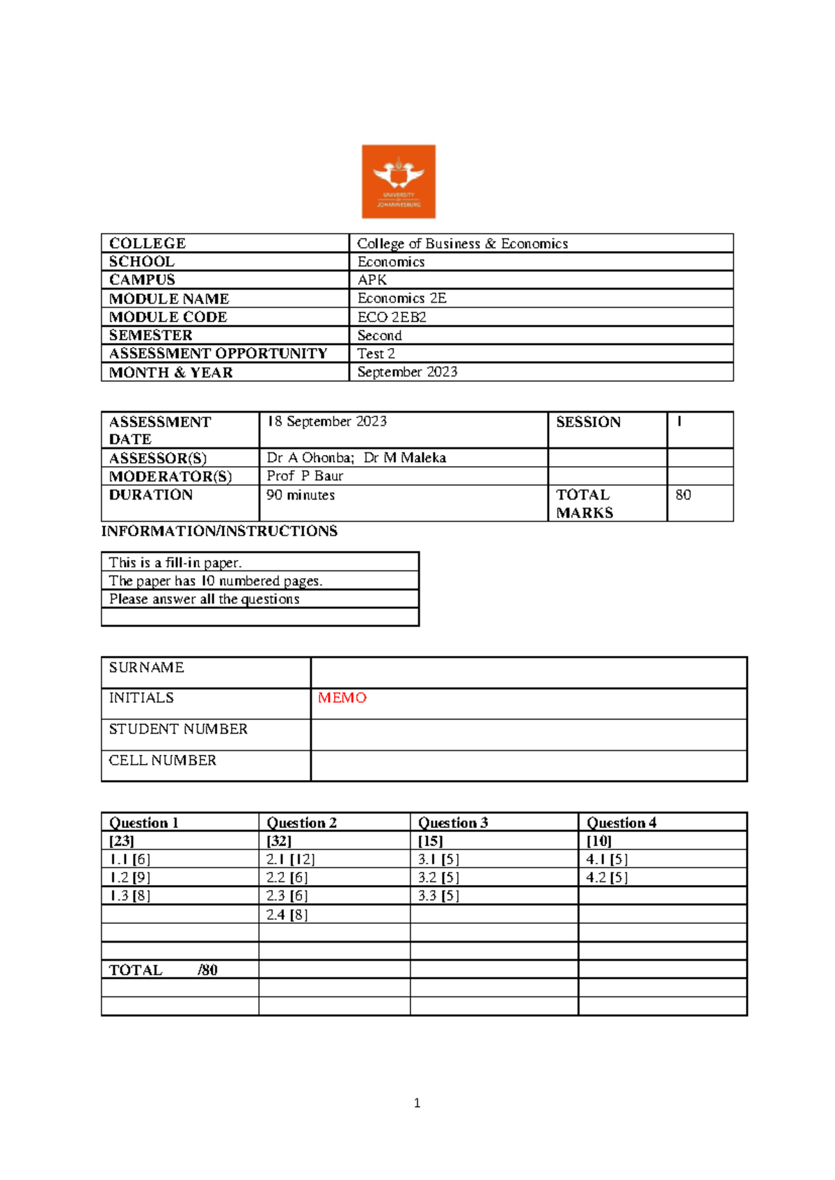 Economics 2E Test 2 Memo September 2023 Analysis and Solutions - Studocu