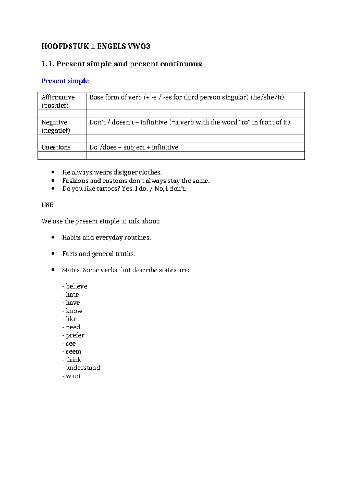 HOOFDSTUK 1 ENGELS VWO3: Present Simple & Continuous Grammar Notes ...