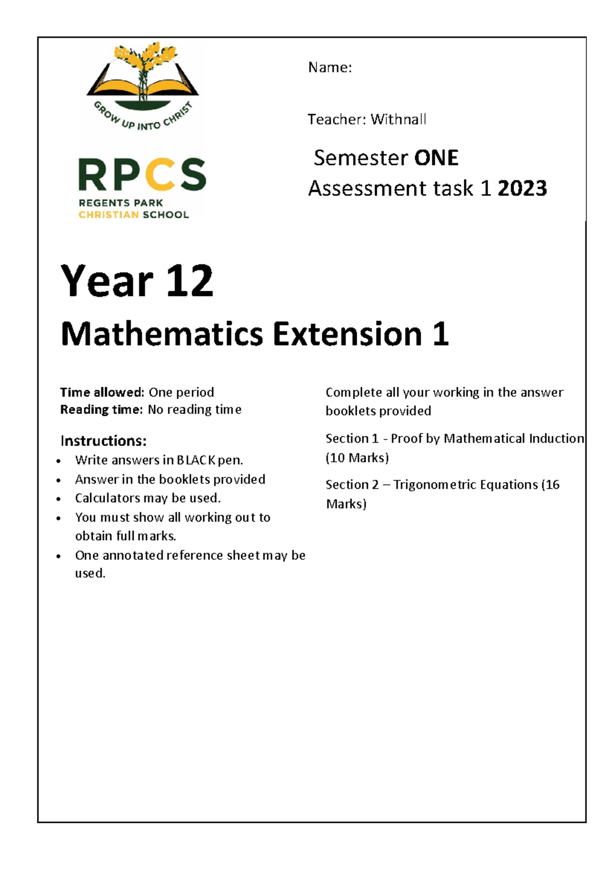 12 Ext 1 Induction & Trigonometry Topic Test - 2023 - Studocu
