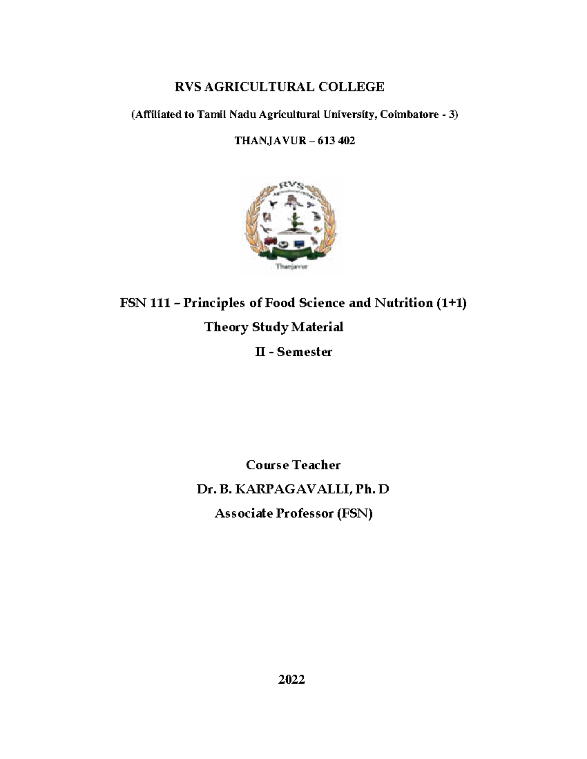 FSN 111 - Principles of Food Science and Nutrition Study Material - Studocu