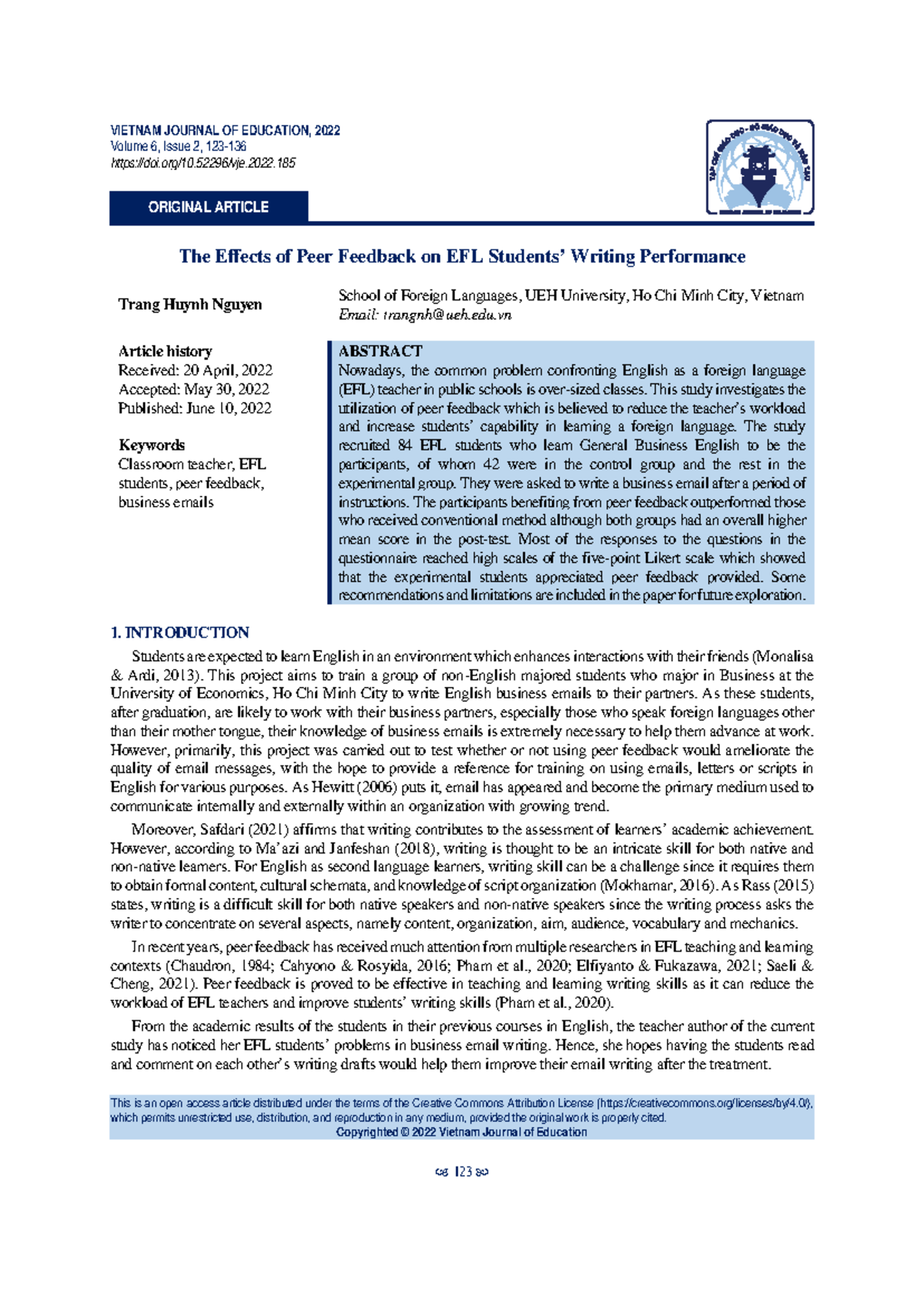 The Effects of Peer Feedback on EFL Students' Writing Performance (2022 ...