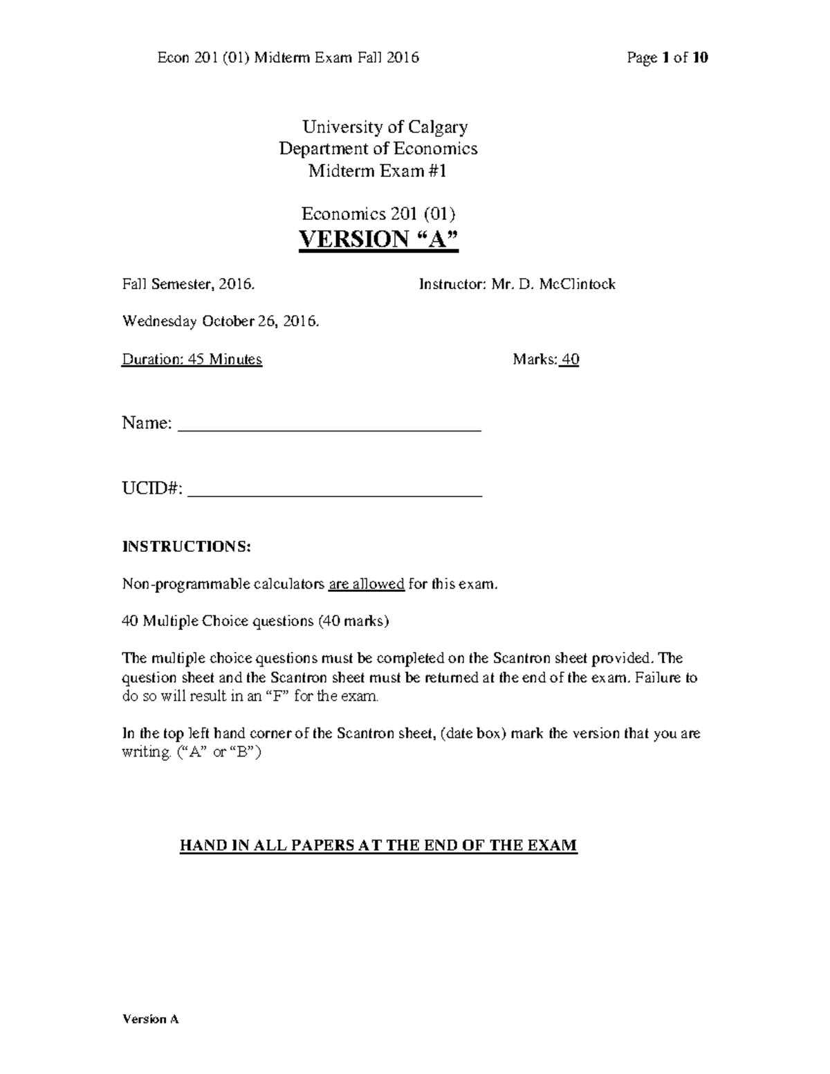 Econ 201 (01) Midterm Exam Practice Questions - Fall 2016 - Studocu