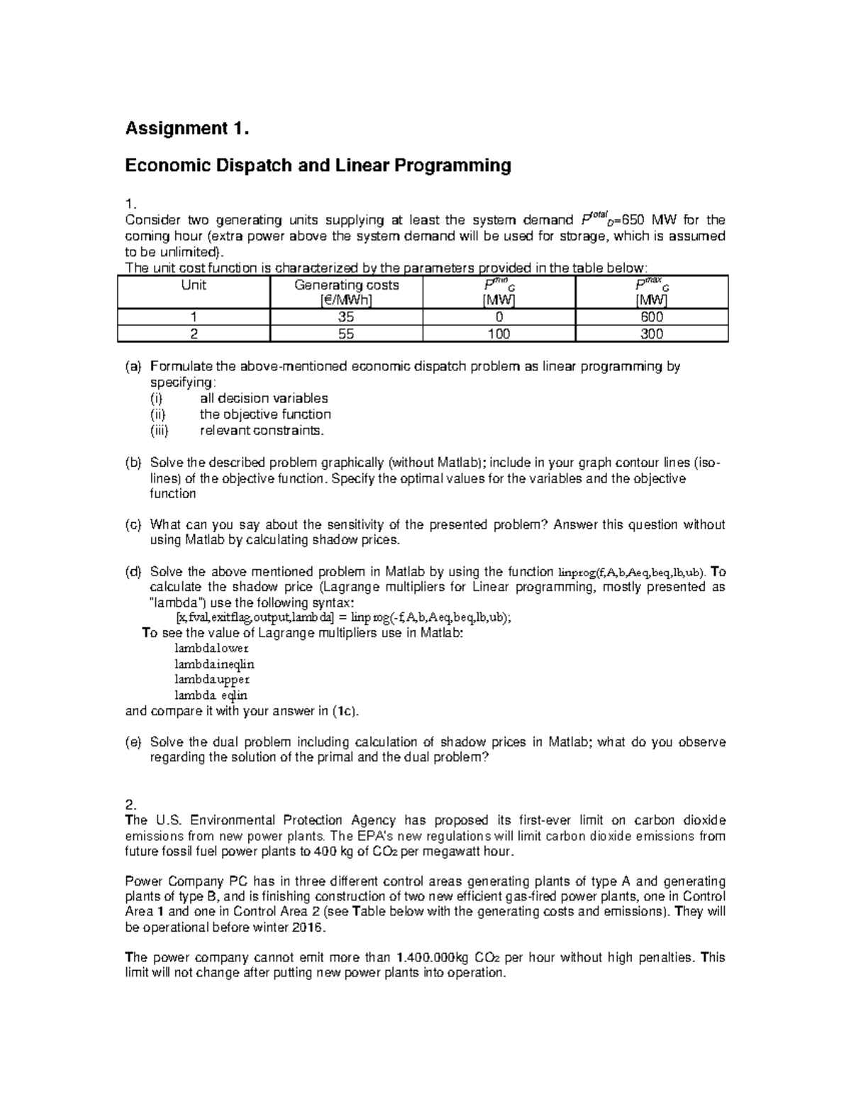 Matlab Assignment 1: Economic Dispatch & Linear Programming Analysis ...
