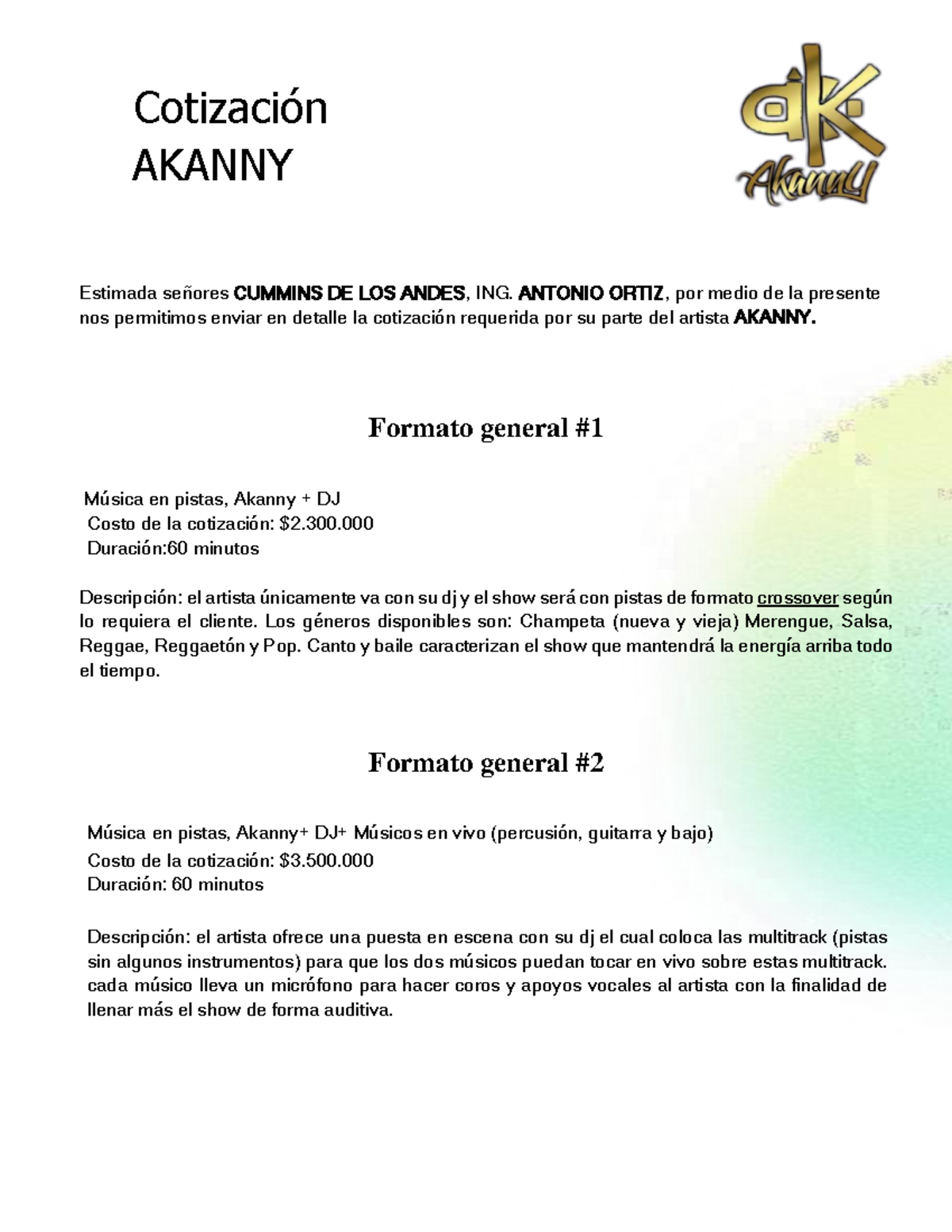 Cotización de Espectáculos en Vivo de AKANNY para Cummins de los Andes ...