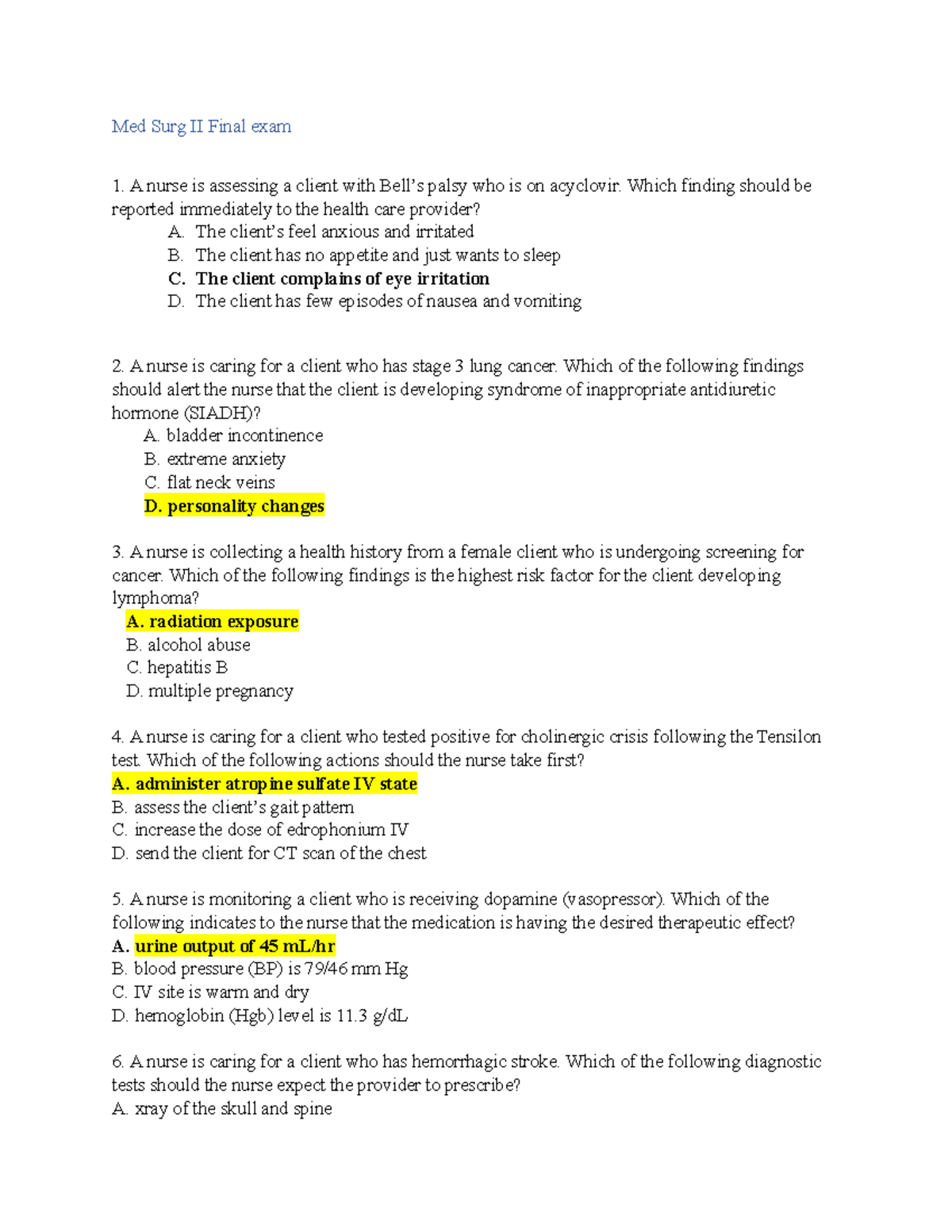 Med Surg II Final Exam Review: Essential Questions & Answers - Studocu