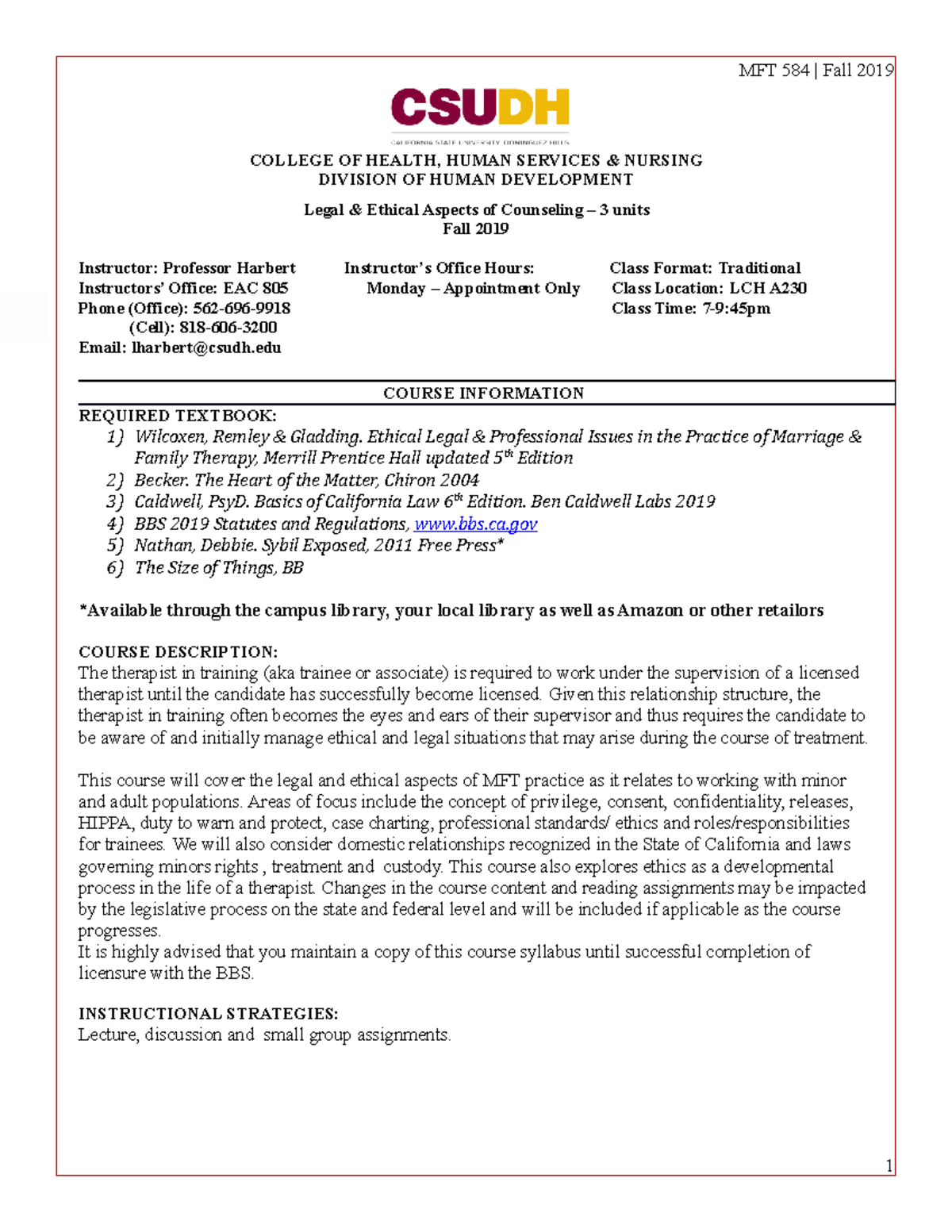MFT 584 Fall 2019 Syllabus(1) - COLLEGE OF HEALTH, HUMAN SERVICES ...