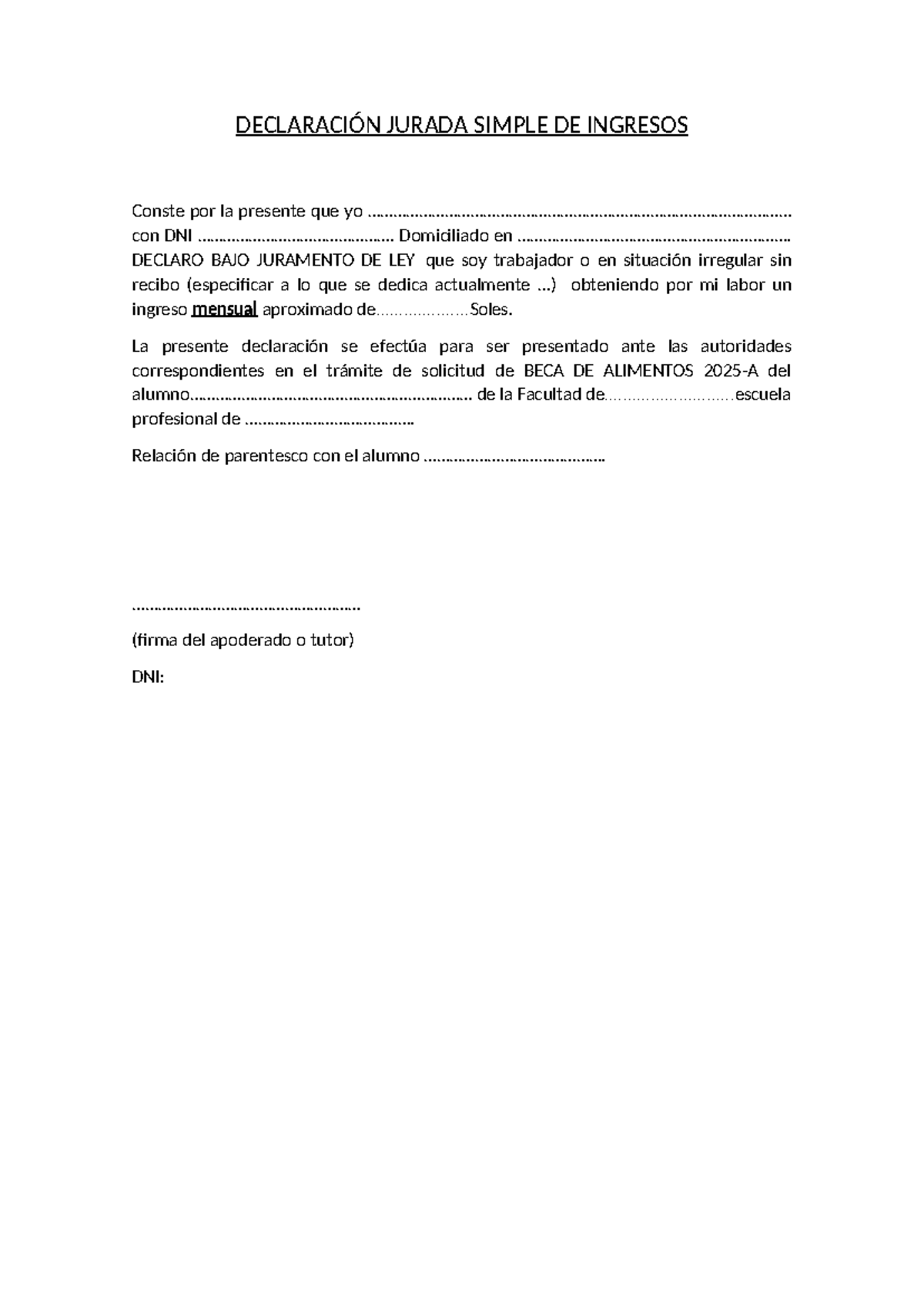 Declaración Jurada Simple DE Ingresos - DECLARACIÓN JURADA SIMPLE DE ...