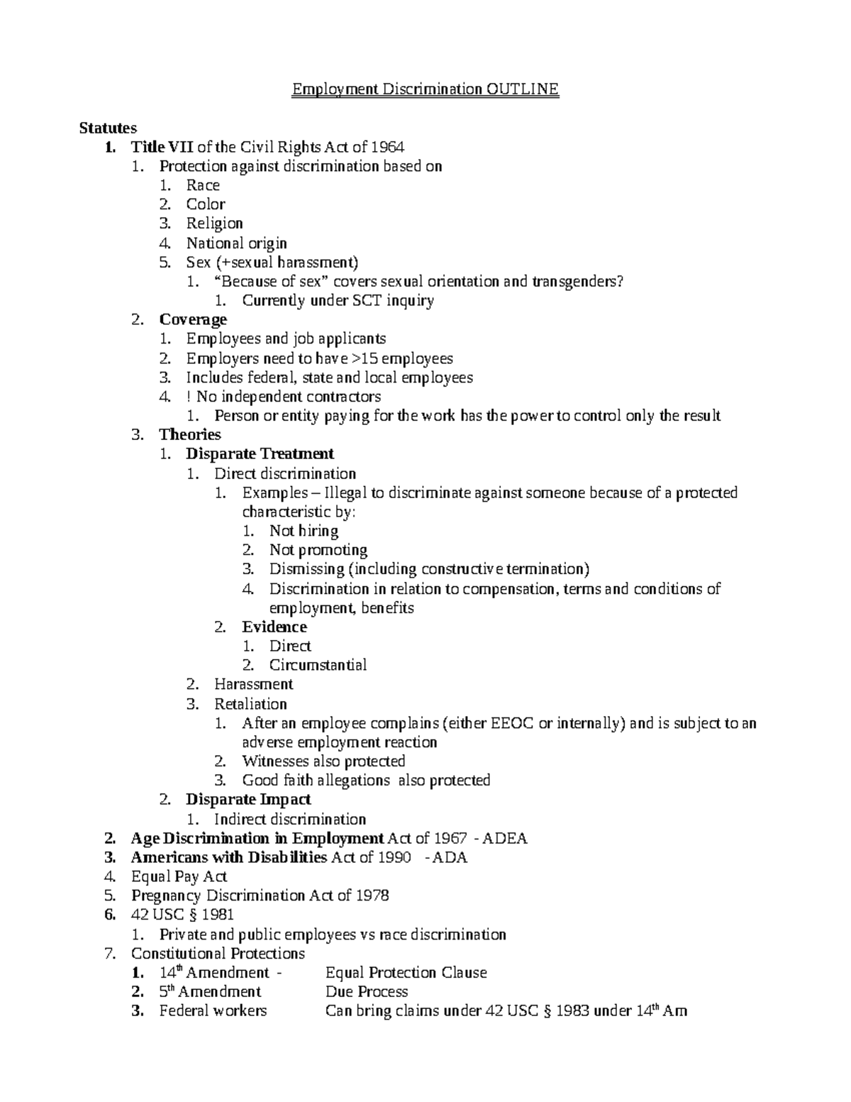 Employment Discrimination Law Outline for Legal Studies 101 - Studocu