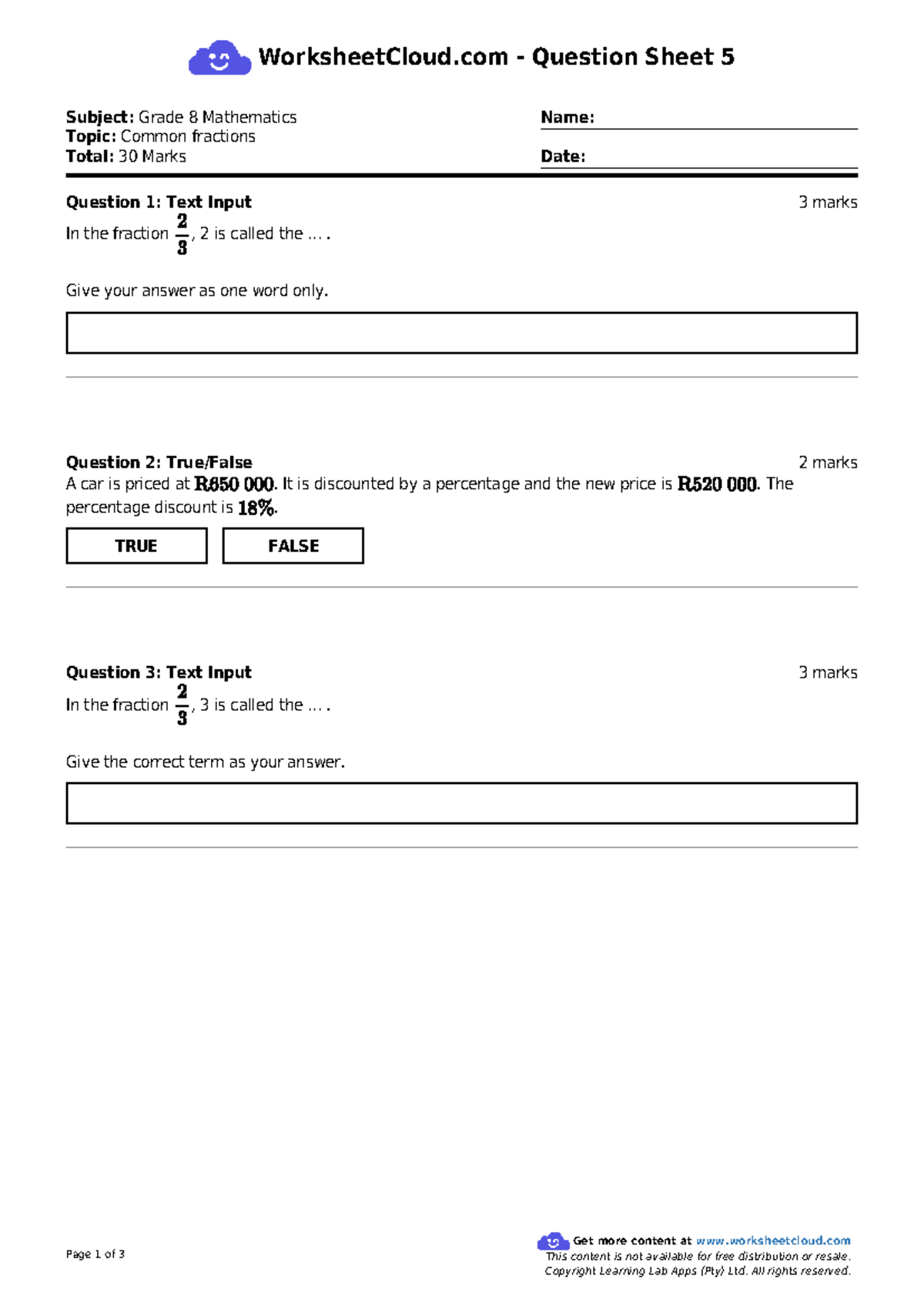 Grade 8 Math Worksheet: Common Fractions Q Sheet 5 - Studocu