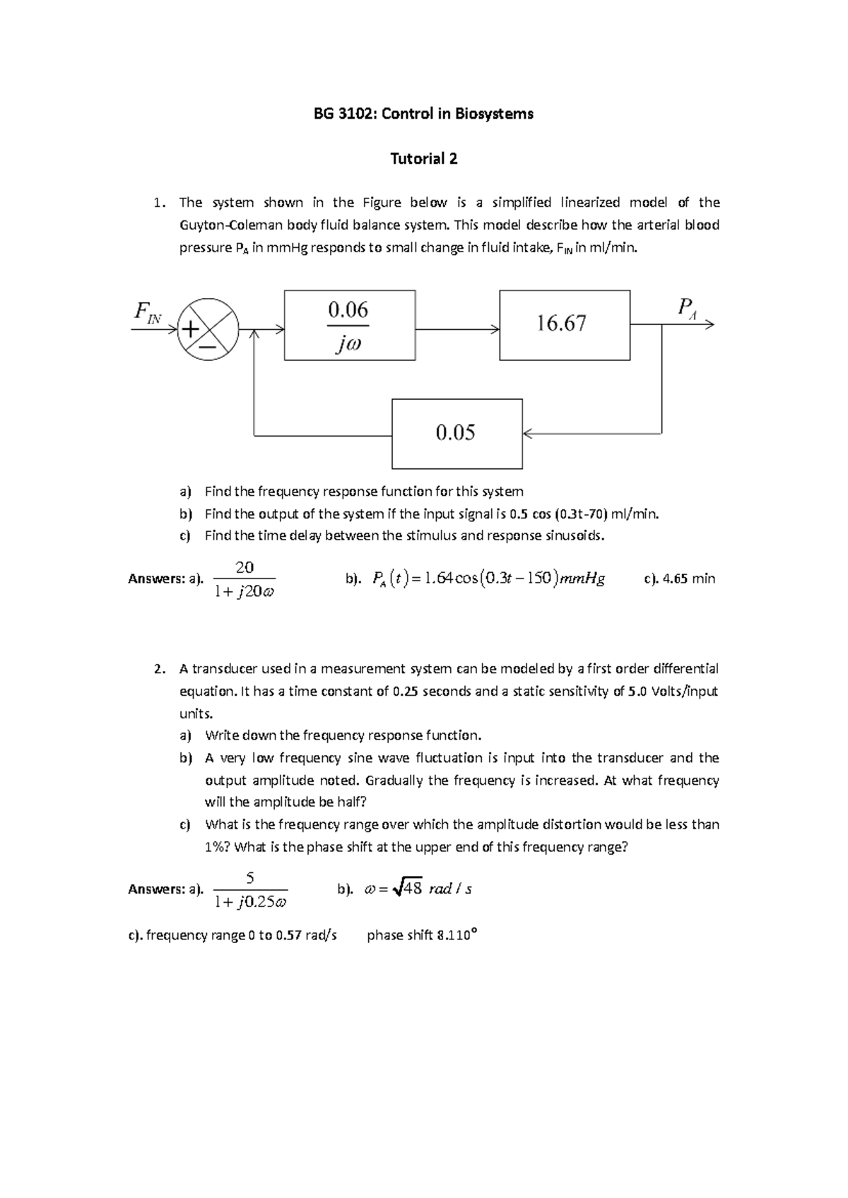 BG3102 Tutorial 2: Control in Biosystems Frequency Response & Analysis ...