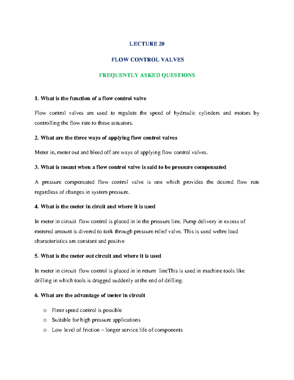 LECTURE 20: FLOW CONTROL VALVES FAQ & Key Concepts - Studocu