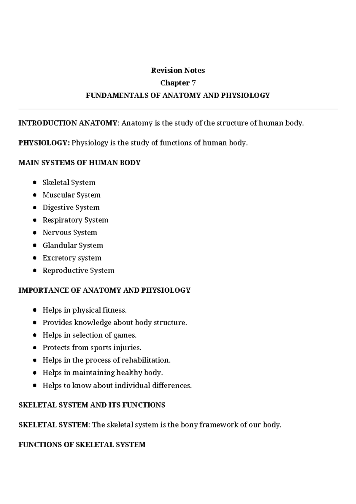 Revision Notes: Chapter 7 - Fundamentals of Anatomy and Physiology ...