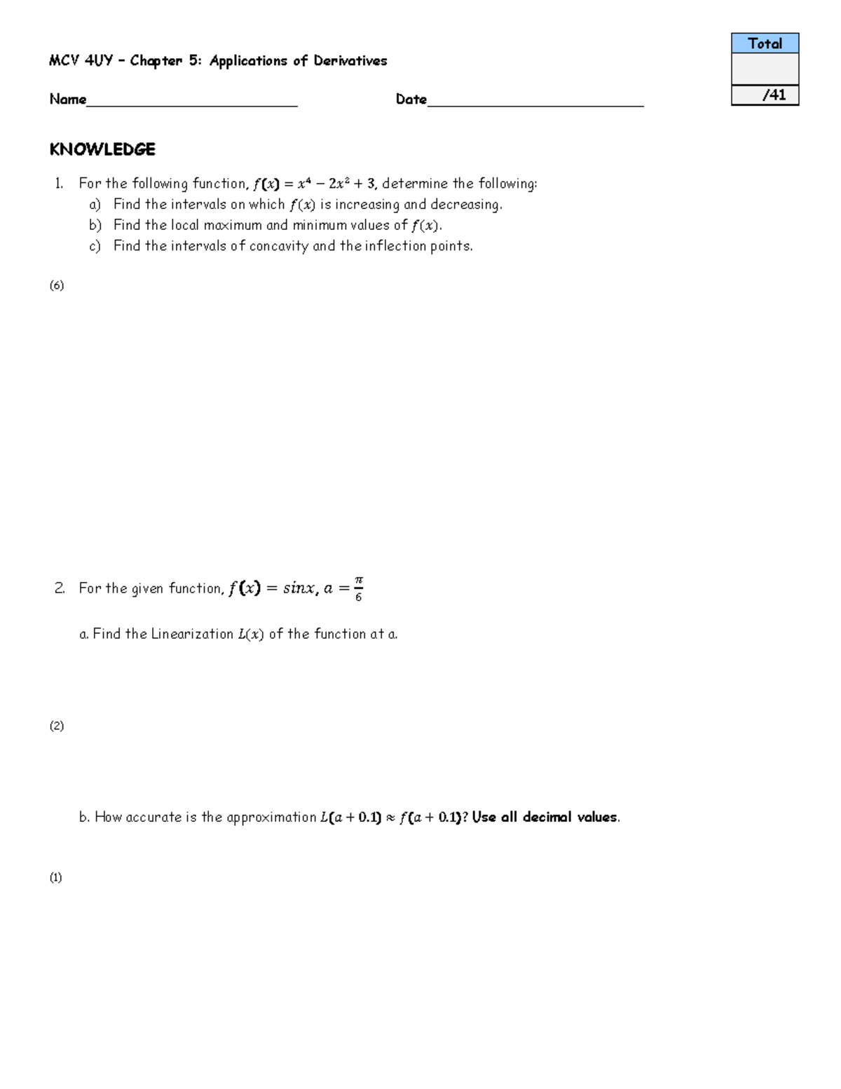 MCV 4UY Chapter 5: Applications of Derivatives Test Notes - Studocu
