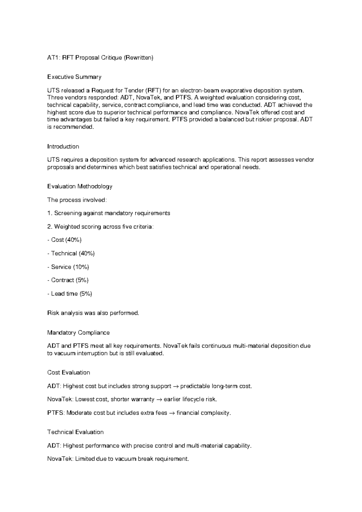 AT1: RFT Proposal Critique and Vendor Evaluation Summary - Studocu