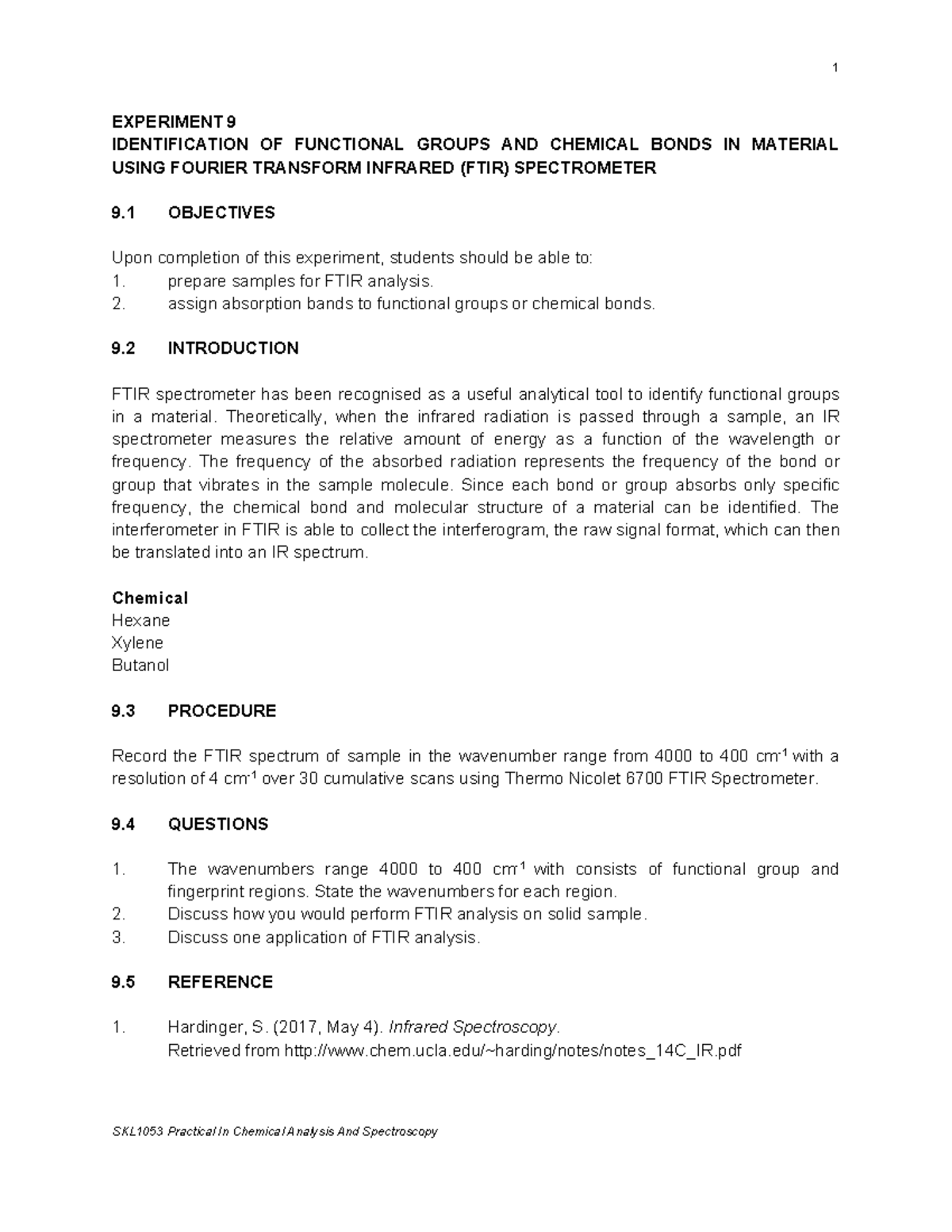 E242 SKL1053 Experiment 9 - 1 SKL1053 Practical In Chemical Analysis ...