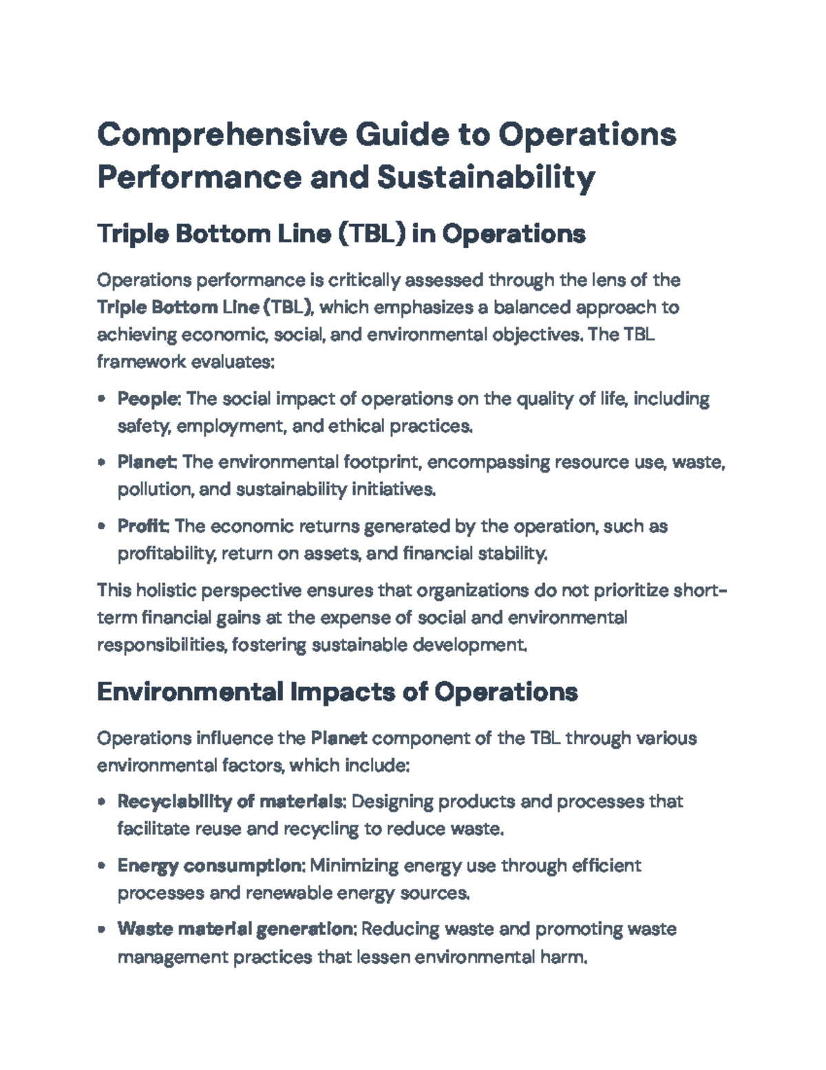 Comprehensive Overview of Operations Performance & Sustainability TBL ...