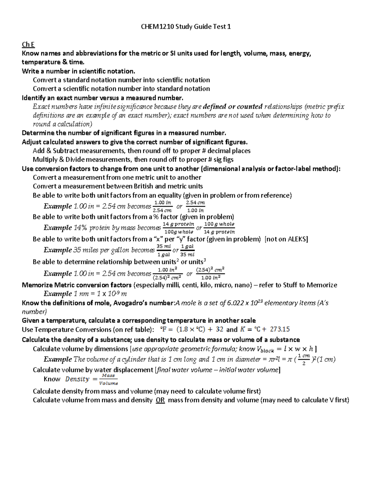 CHEM1210 Study Guide for Test 1: Key Concepts and Formulas - CHEM1 210 ...