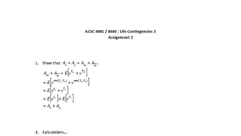 ACSC 4981 8060: Life Contingencies 2 Assignment 2 Solutions - Studocu