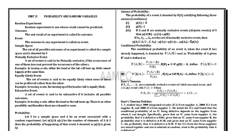 MA4151 - Unit 2 - Applied Probability & Stats: Key Concepts & Notes ...