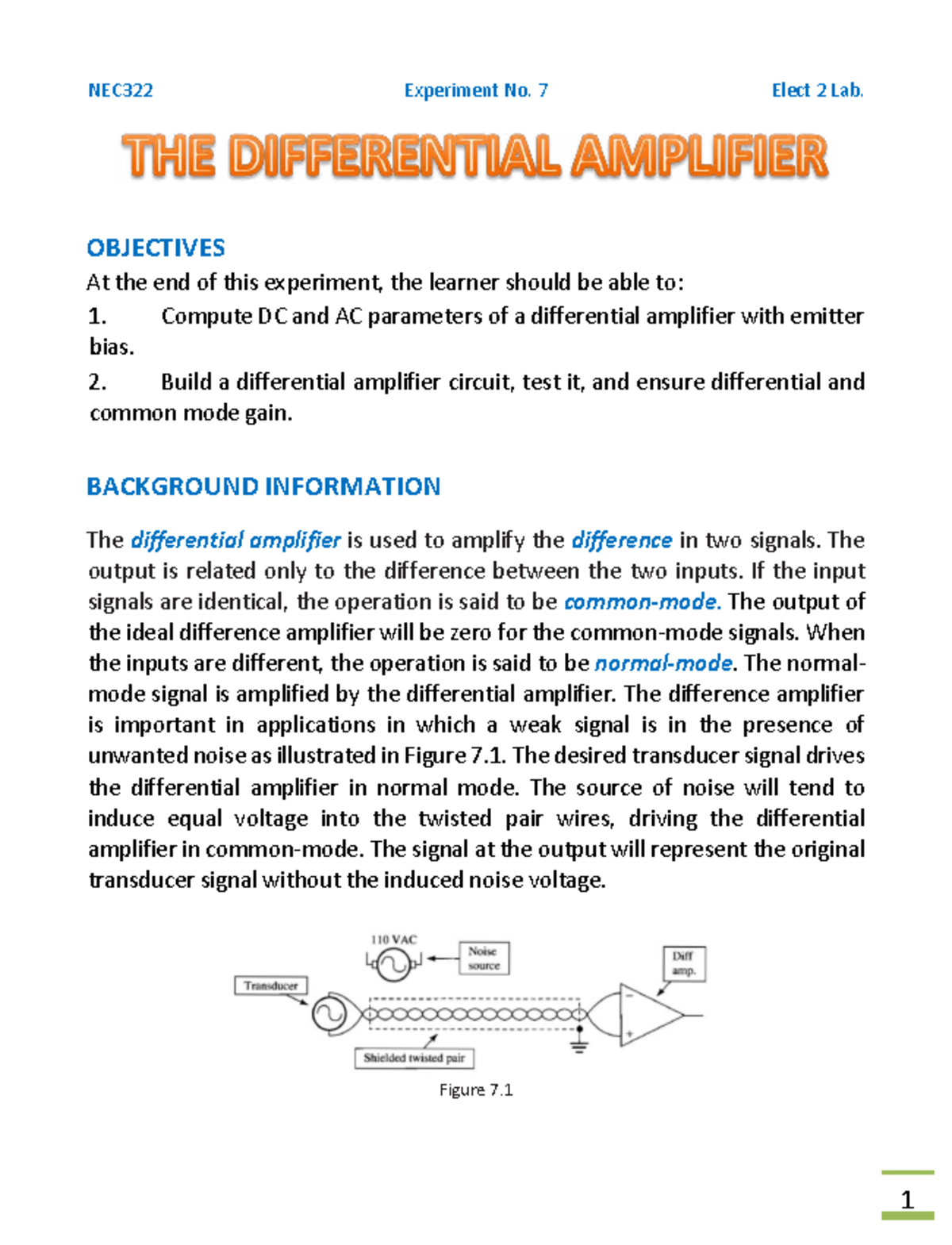 NEC322 Experiment No. 7: Differential Amplifier Analysis and Design ...
