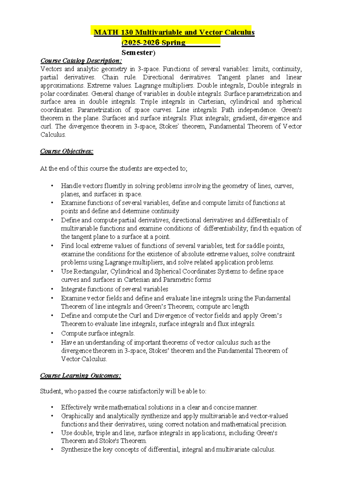 MATH 130 Syllabus: Multivariable & Vector Calculus Spring 2023 - Studocu