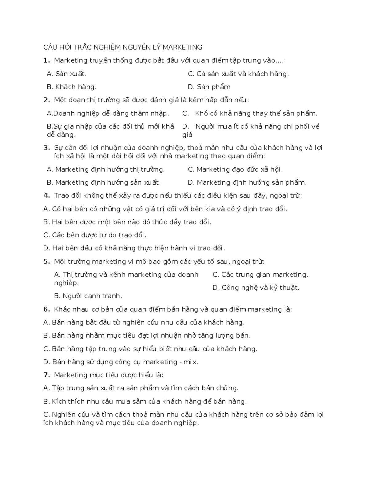 CÂU HỎI TRẮC NGHIỆM NGUYÊN LÝ MARKETING (MKT101) - Document Preview