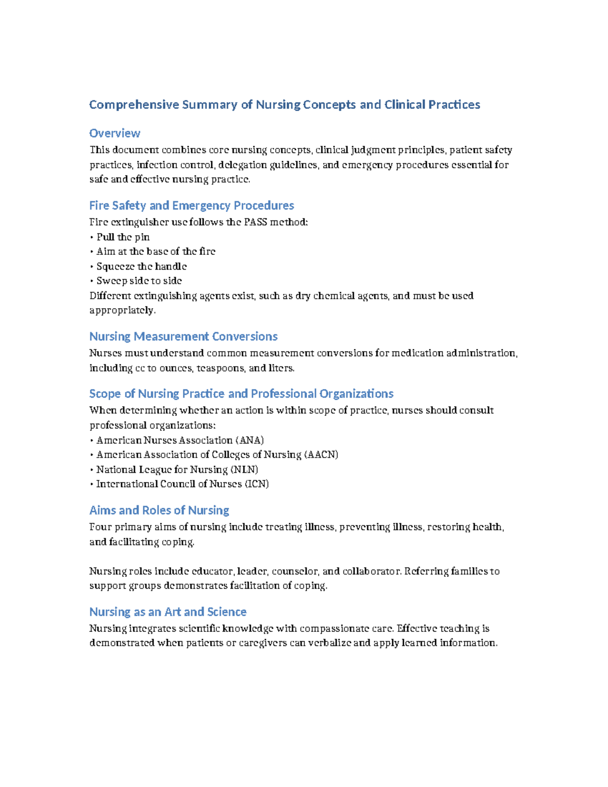 NUR 101: Comprehensive Overview of Nursing Concepts for Exam 1 - Studocu
