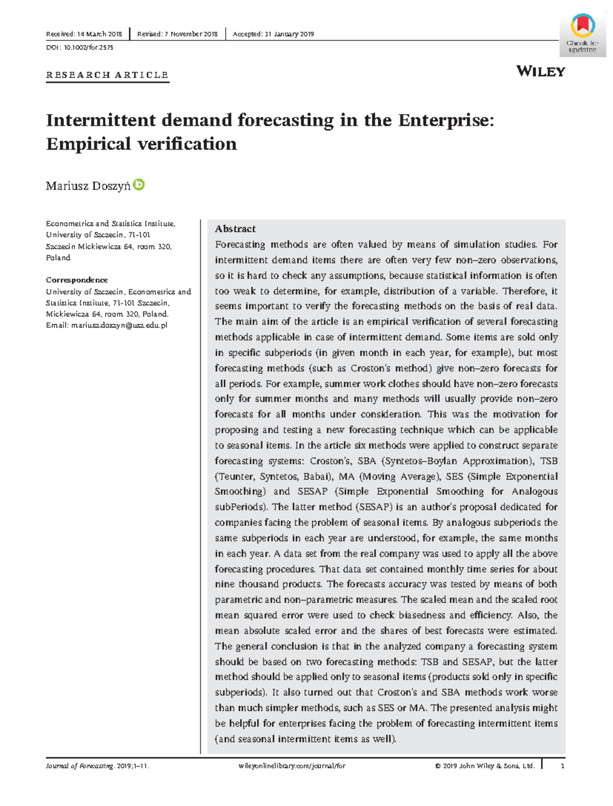 Intermittent Demand Forecasting Methods: Empirical Analysis and ...