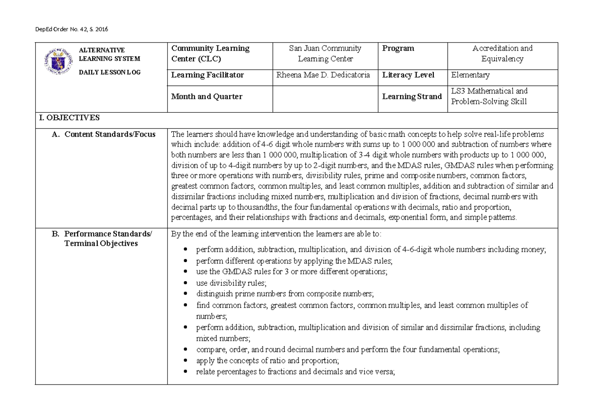 LS3 ELEM Daily Lesson Log: Math Concepts & Problem Solving - Studocu