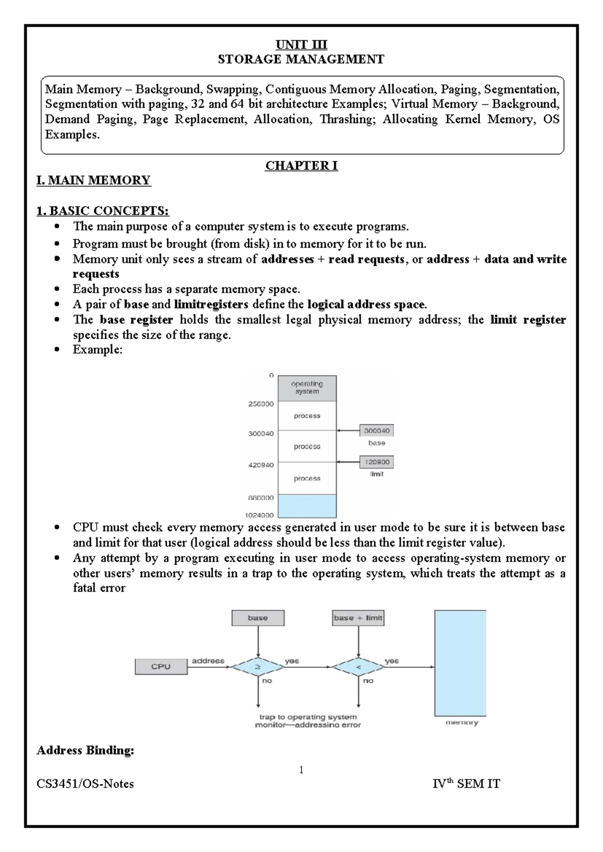 Unit III - Lecture Notes on Memory Management (IV SEM IT) - Studocu