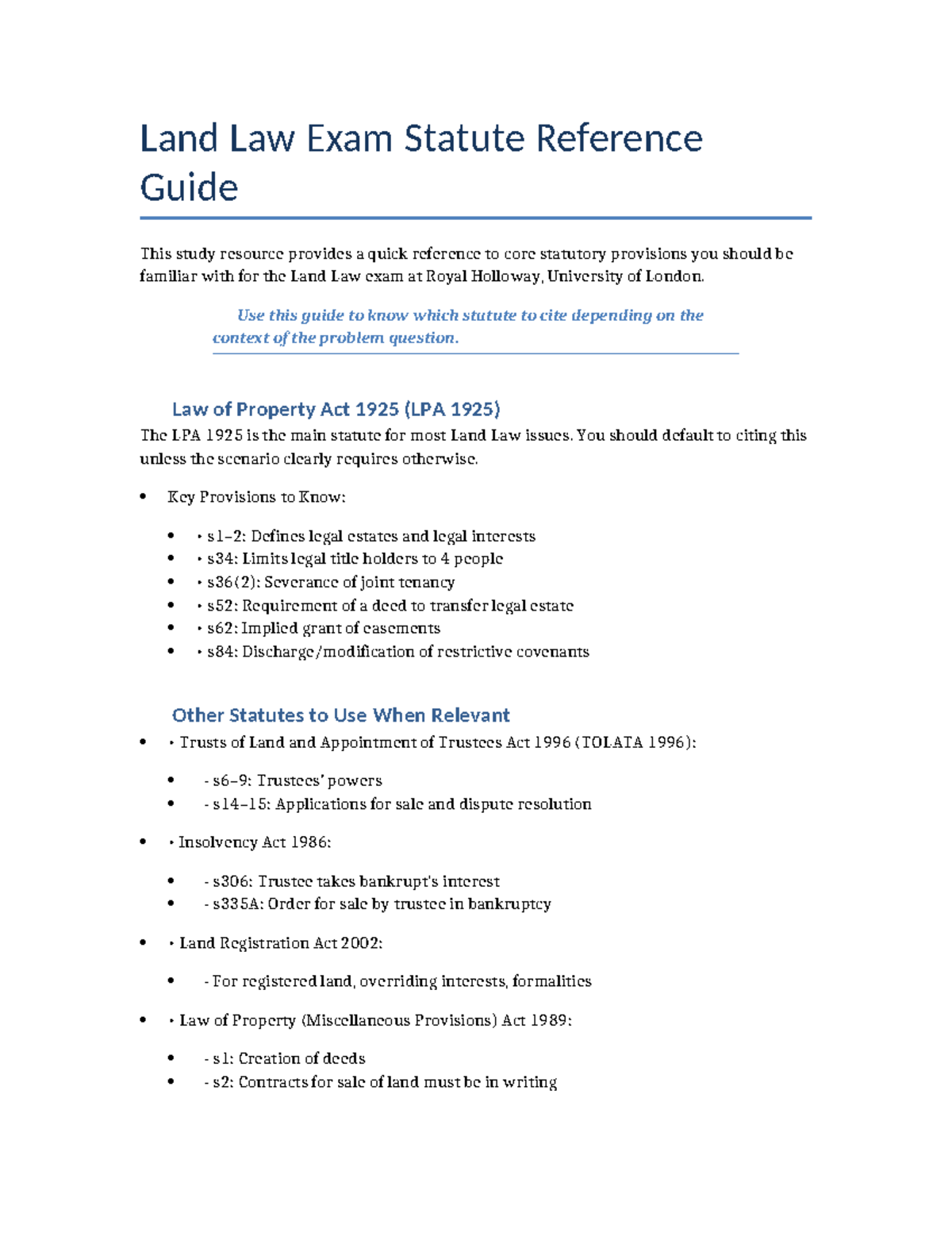 Land Law Exam Statute Reference Guide RHUL 2025 - Studocu