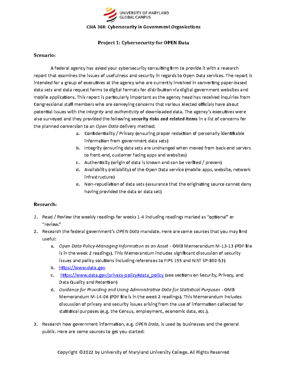 360 Project 1 Cybersecurity for OPEN Data - CSIA 360: Cybersecurity in ...