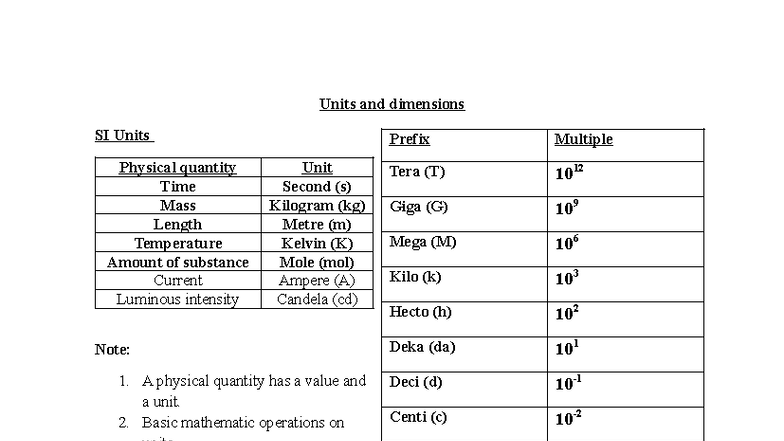 Units and Dimensions: Understanding SI Units and Conversions - Studocu