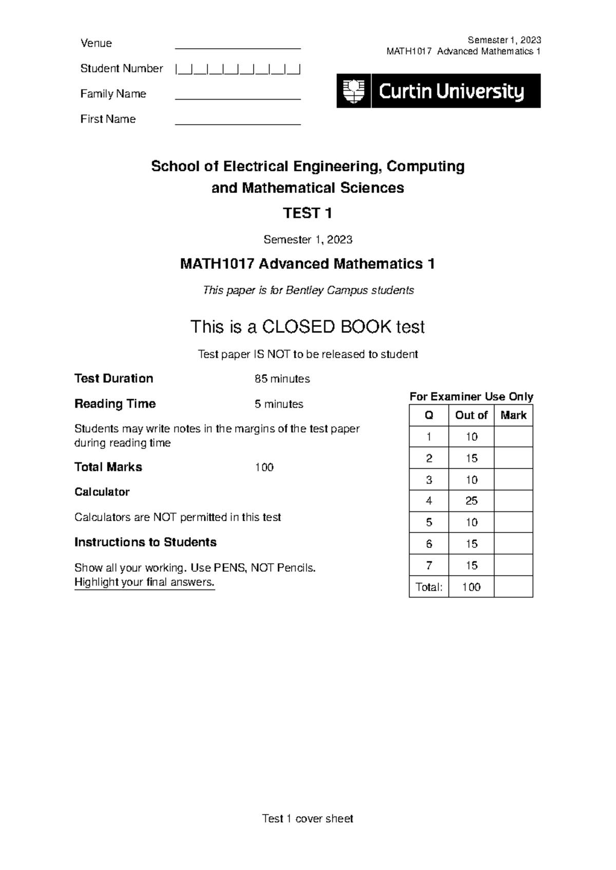 MATH1017 Test 1 - Advanced Mathematics 1 Semester 1, 2023 - Studocu
