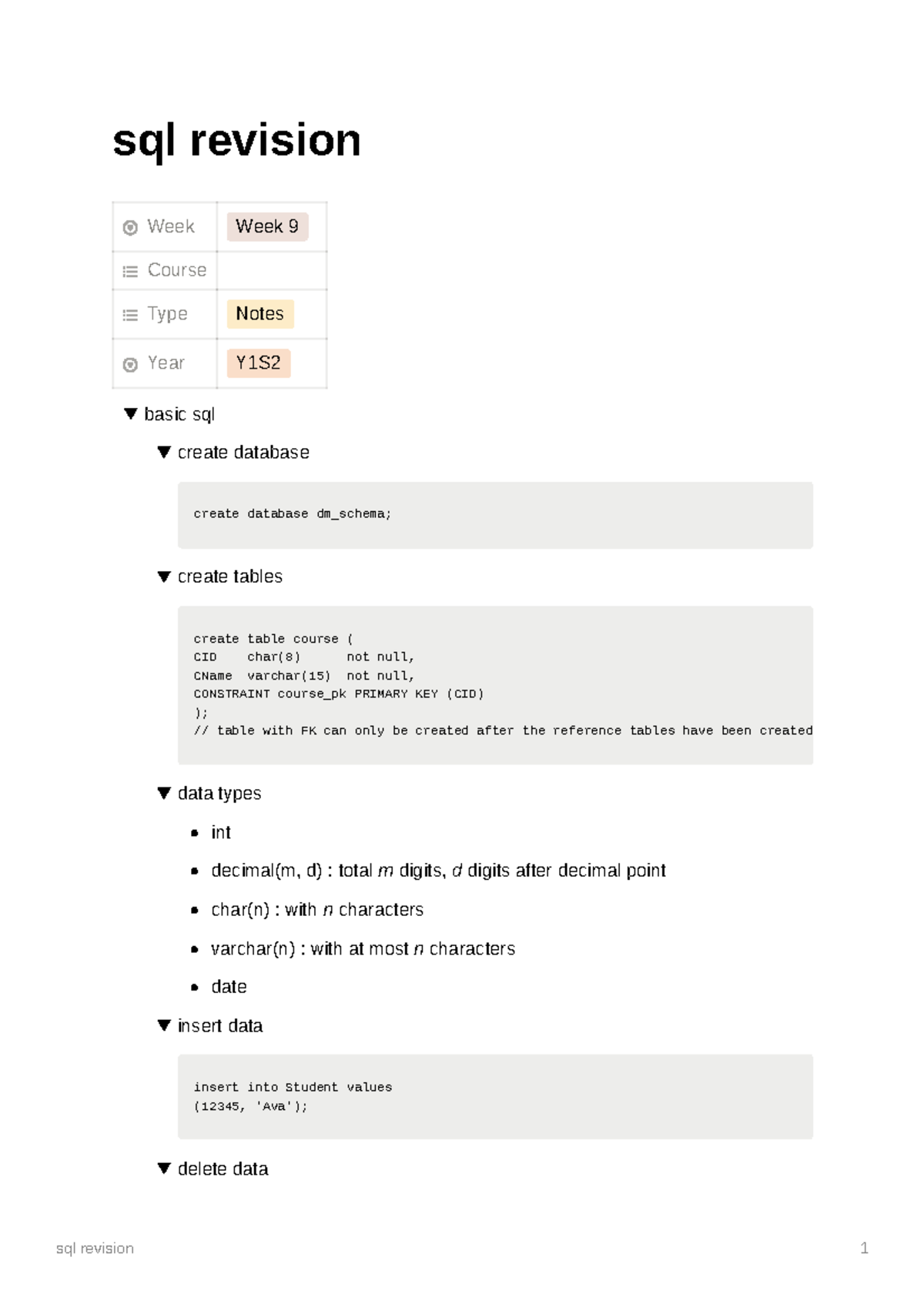 SQL Revision Notes for Y1S Week 9: Database & Data Manipulation - Studocu