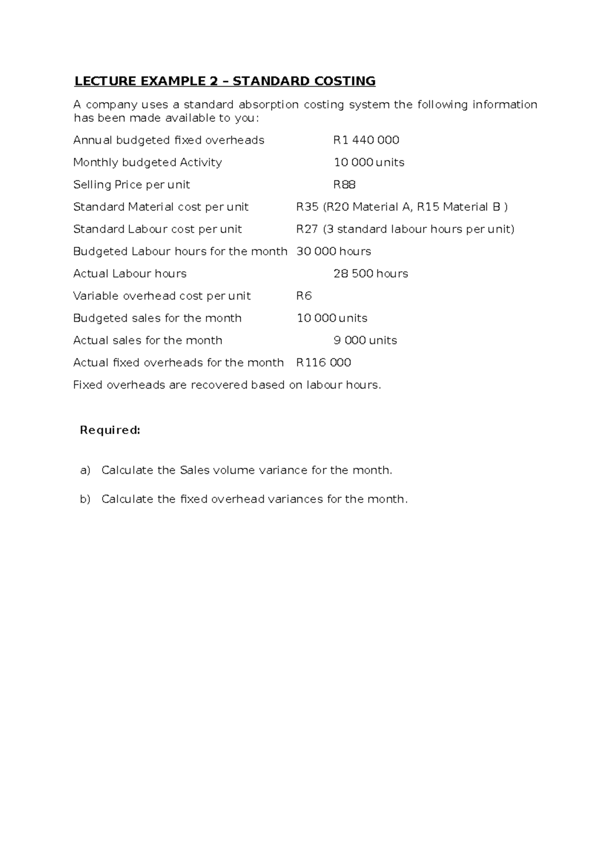 LECTURE NOTES 2: STANDARD COSTING ANALYSIS - Studocu