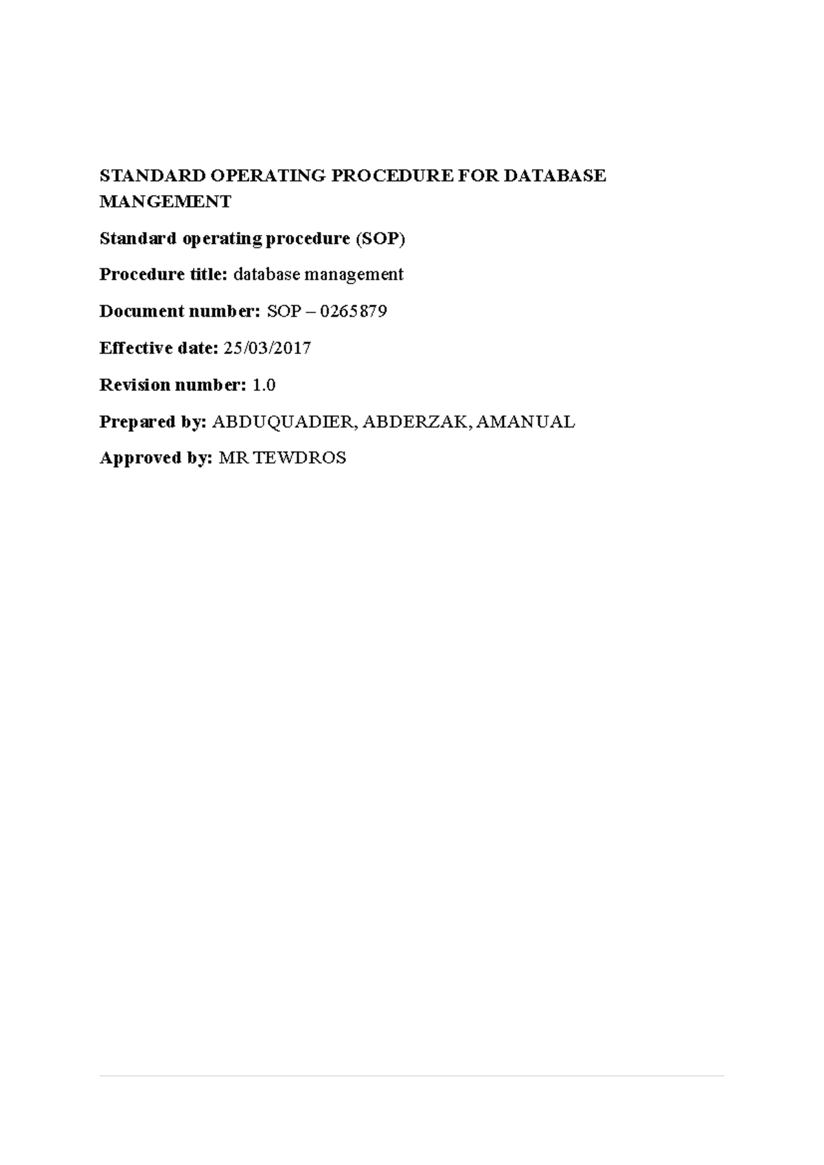 SOP for Database Management (SOP-0265879) - Update Documentation - Studocu