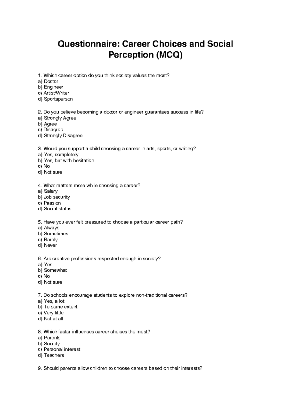 Career Choice Questionnaire (MCQ) on Social Perception - Studocu