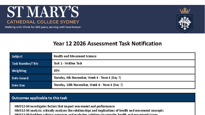 2026 - Yr 12 Health & Movement Science Task 1 Notification - Studocu