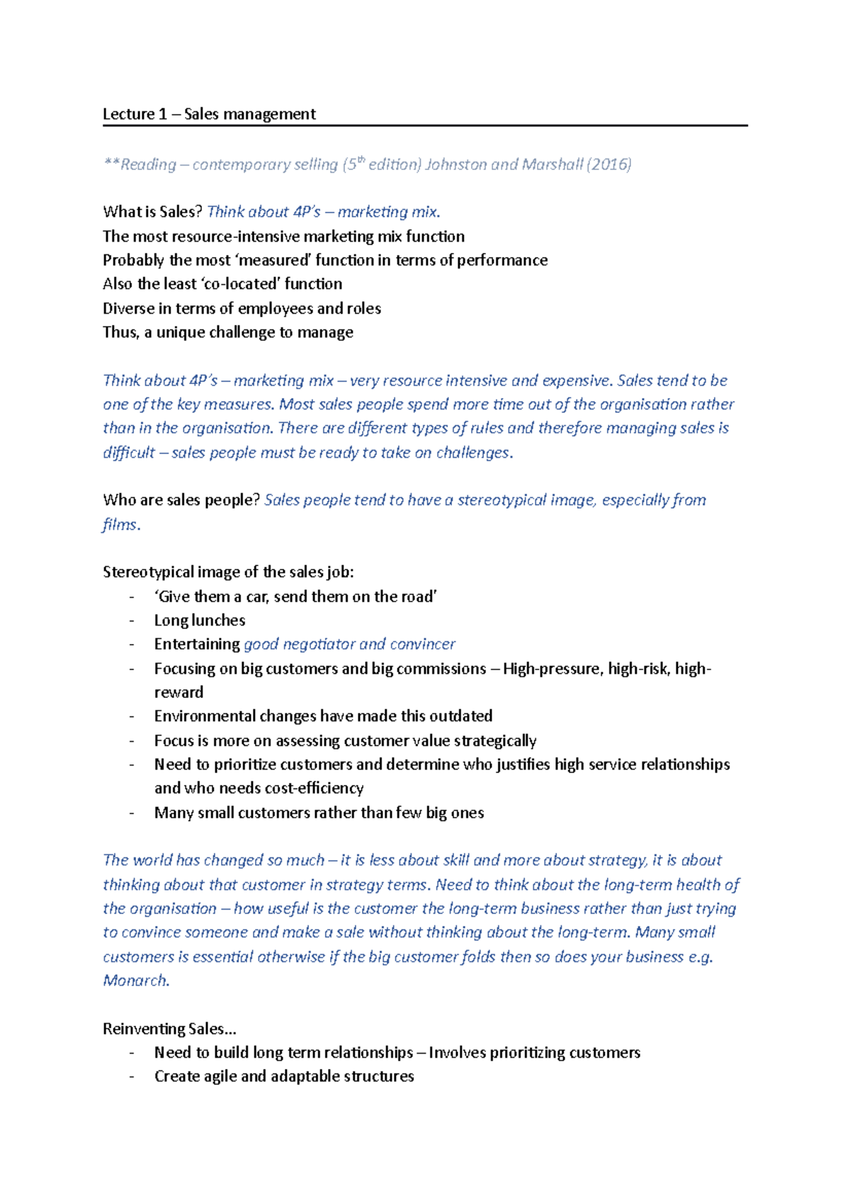 Sales Management - Lecture Notes Overview (1-11) - Studocu