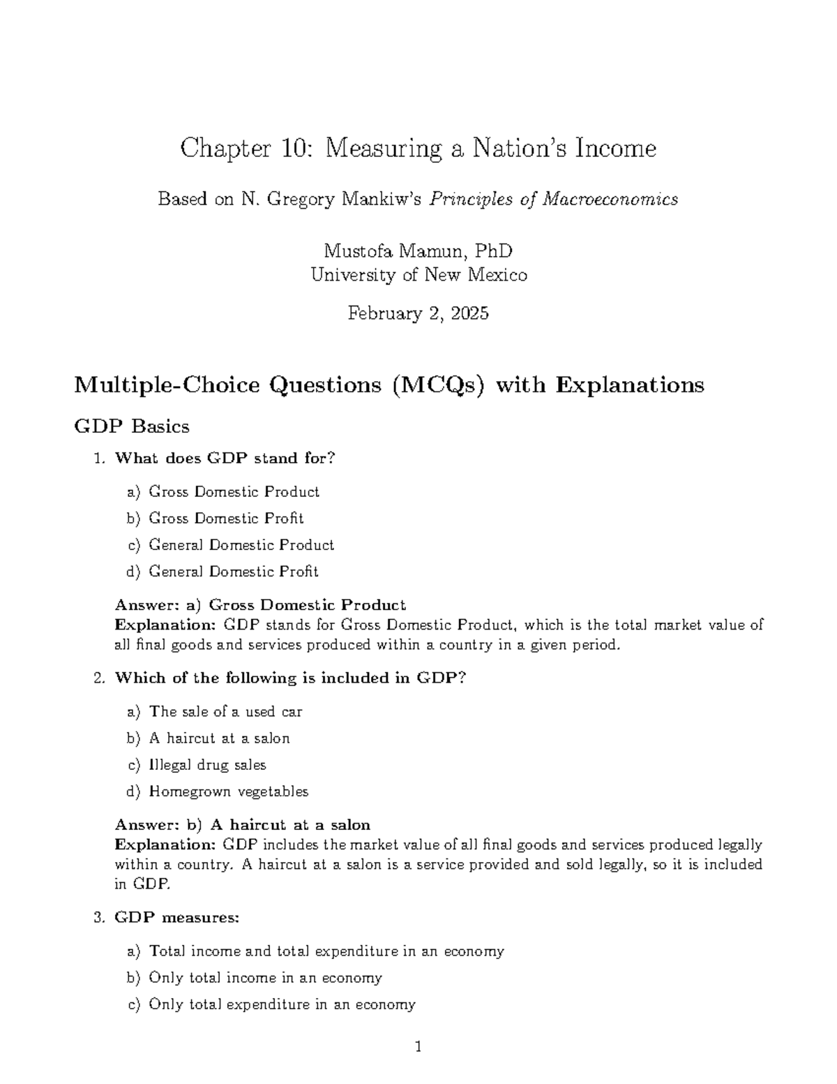 Final Exam Review: GDP Concepts and Economic Measurements (ECON 101 ...