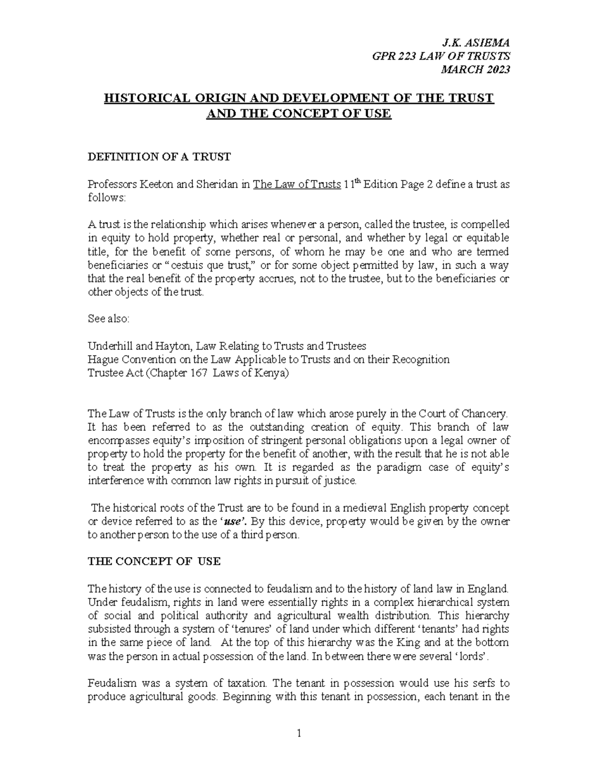 223 Trusts Concept OF USE 2023 - GPR 223 LAW OF TRUSTS MARCH 2023 ...