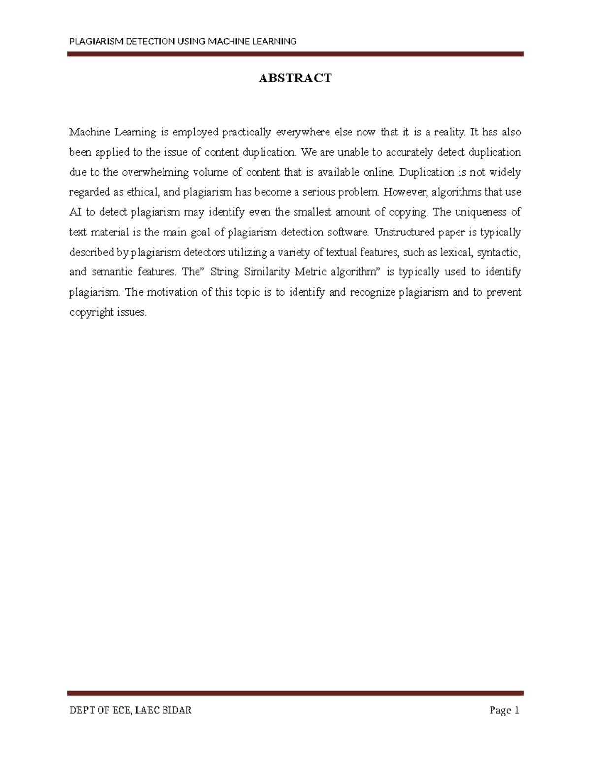 Plagiarism Detection Using Machine Learning - ECE 6th Sem Synopsis ...