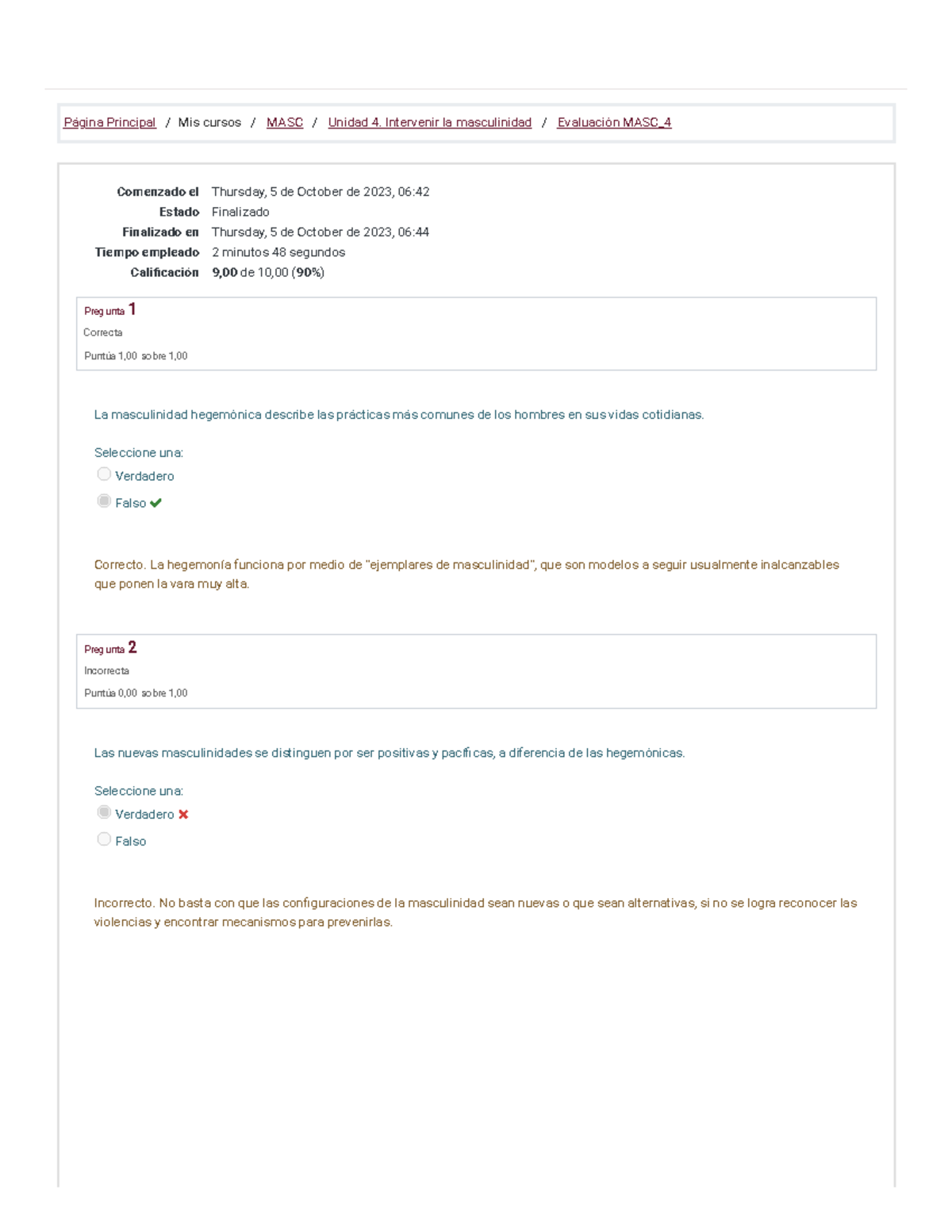 Evaluación MASC 4 Revisión del intento - Página Principal / Mis cursos ...