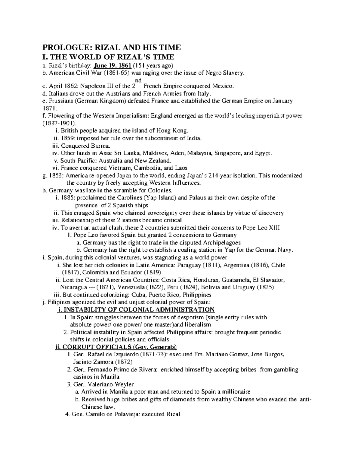Rizals LIFE Notes - none - PROLOGUE: RIZAL AND HIS TIME I. THE WORLD OF ...