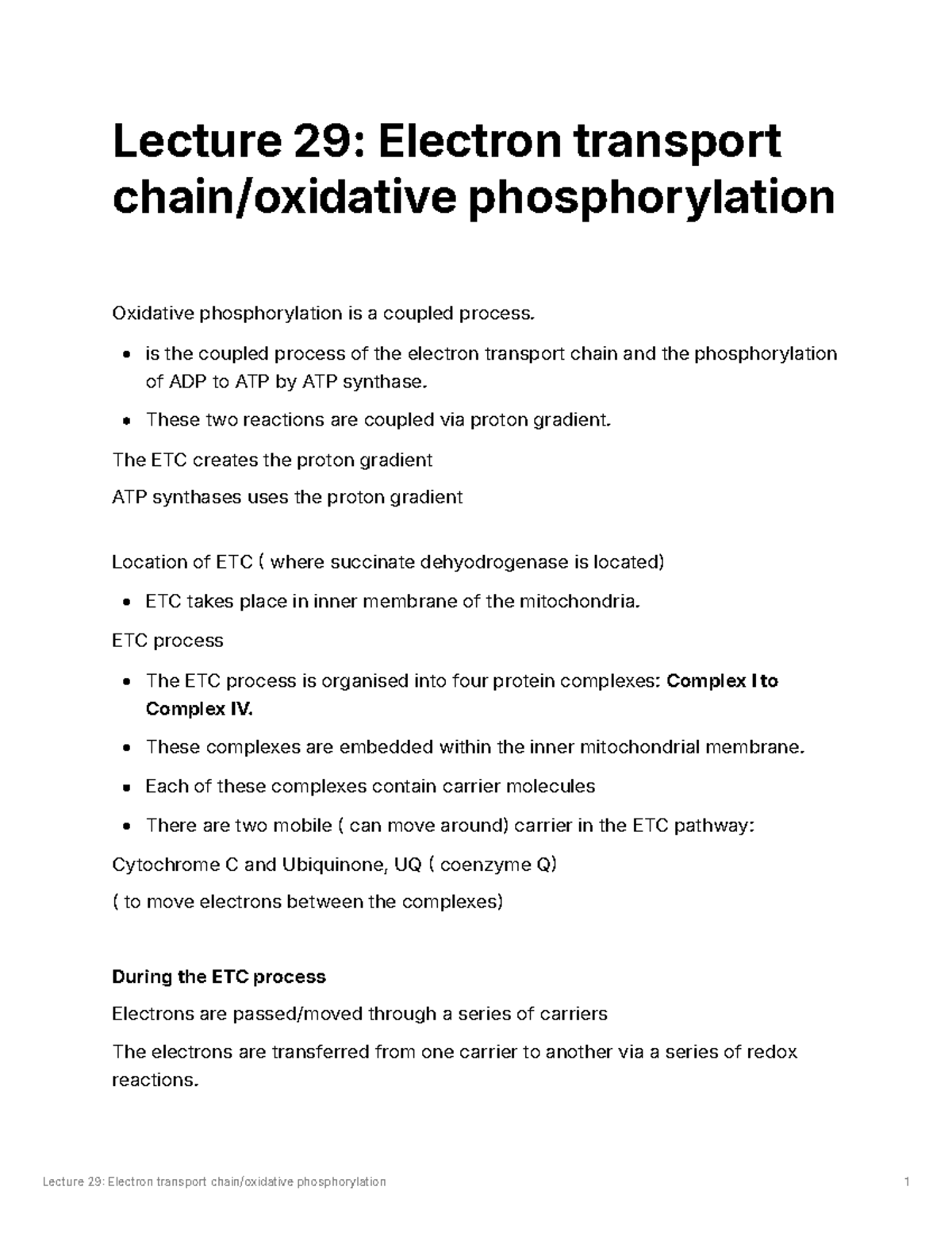 Lecture 29: Electron Transport Chain and Oxidative Phosphorylation ...
