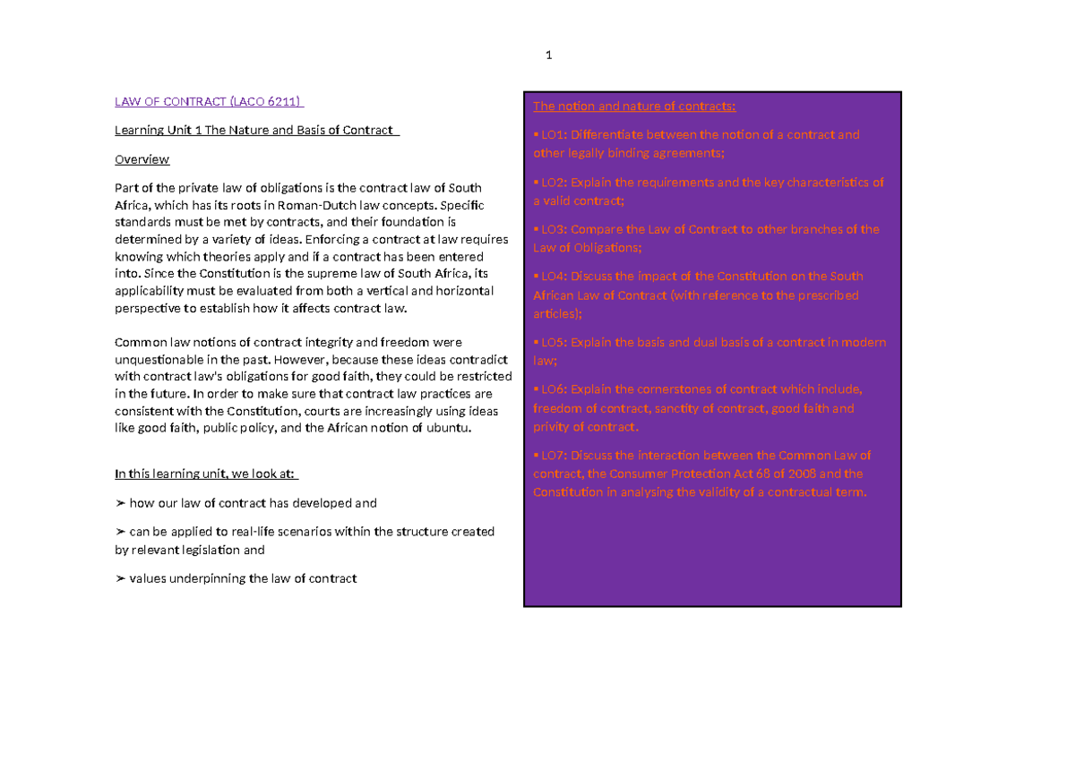 LACO 6211 - Law of Contract Notes: Overview of Key Concepts and ...