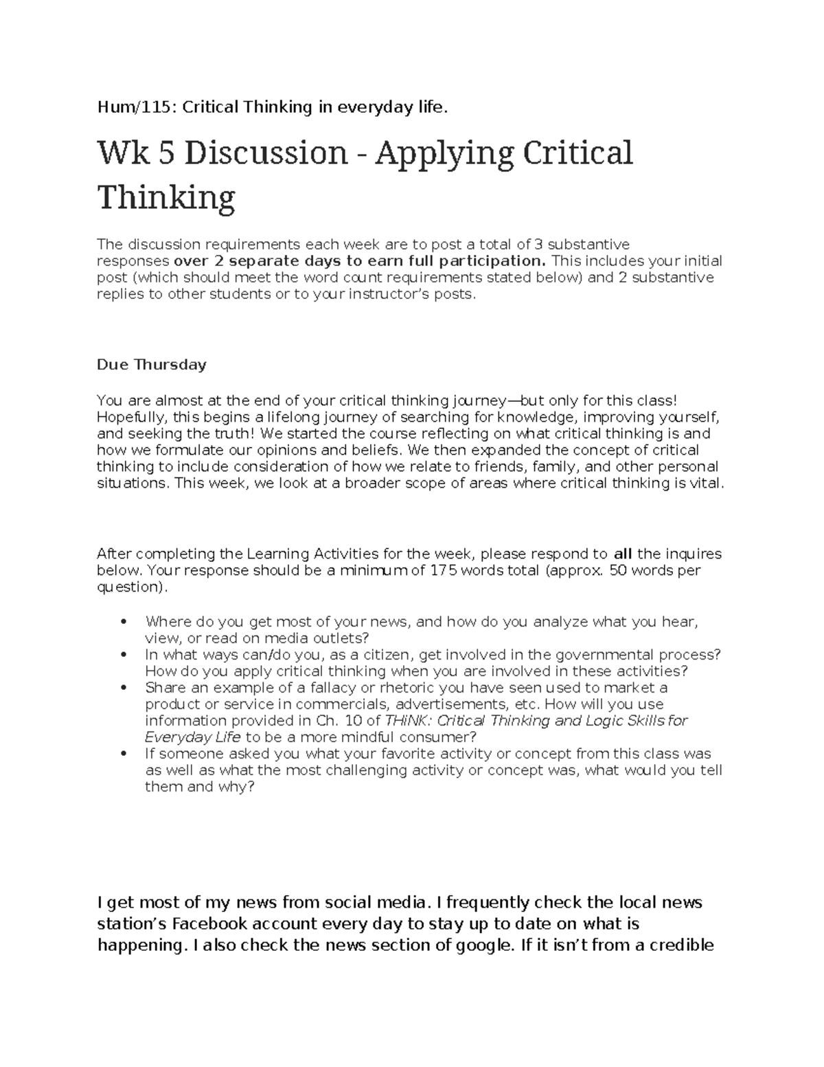 Hum/115 Wk 5 Discussion - Enhancing Critical Thinking Skills - Studocu